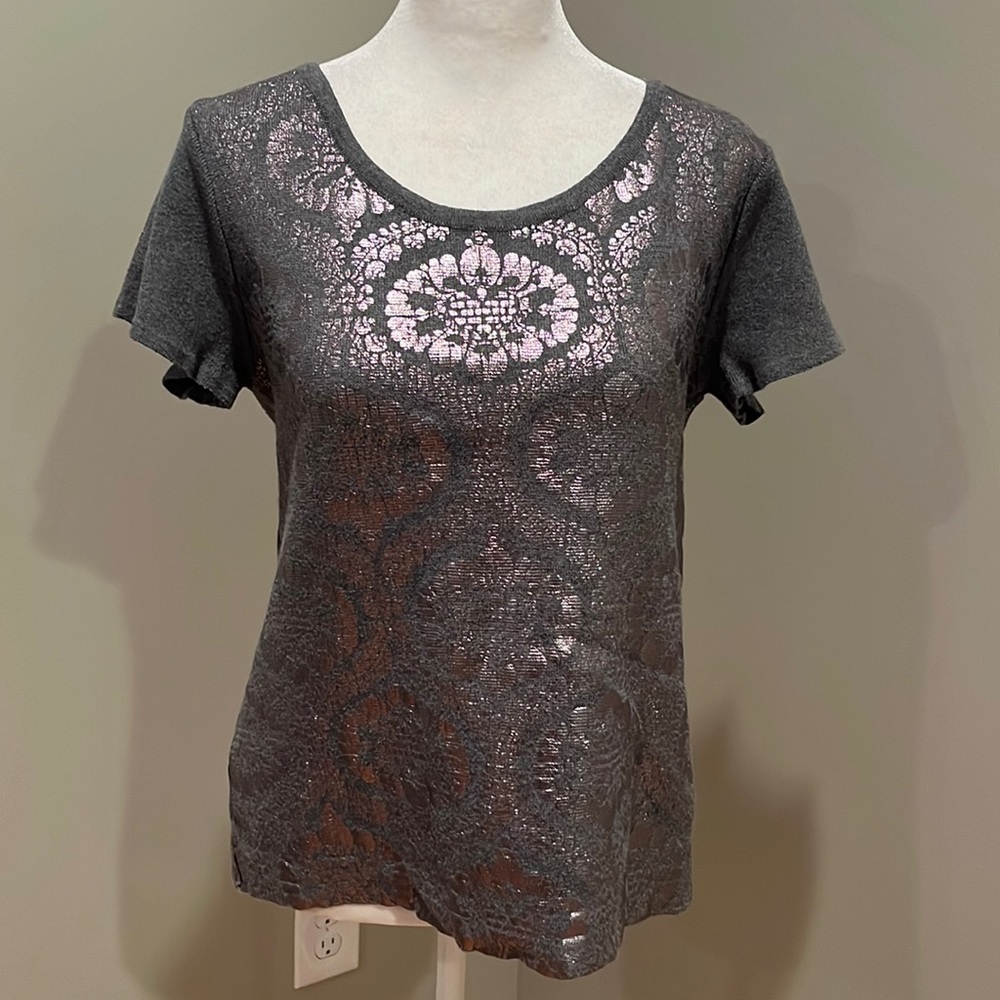 Moth Grey Knit Short Sleeve Metallic Top